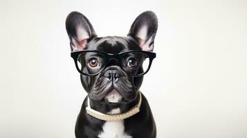 Photo of a French Bulldog dog using eyeglasses isolated on white background. Generative AI