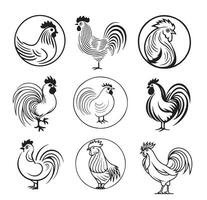 Chicken rooster logo set sketch hand drawn Vector illustration