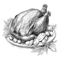 Roasted turkey on a plate with vegetables hand drawn sketch Vector illustration