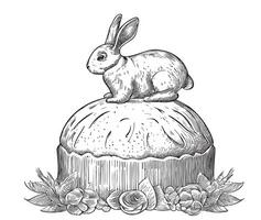 Rabbit on the Easter Easter cake sketch drawn with a hand in Dudl style vector illustration of Easter