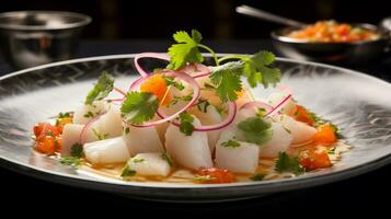 foto de Coco ceviche como un plato en un gama alta restaurante. generativo ai