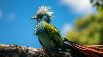 foto de un quetzal debajo azul cielo. generativo ai