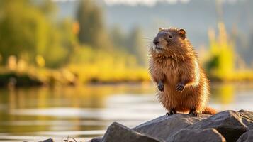 Close-up photo of a Muskrat looking in their habitat. Generative AI