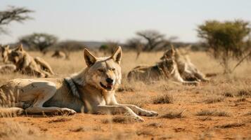 Photo of a herd of Wolf resting in an open area on the Savanna. Generative AI