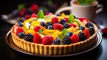 foto de Fresco Fruta tarta como un plato en un gama alta restaurante. generativo ai