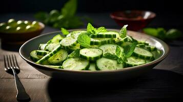 Photo of Cucumber Salad as a dish in a high-end restaurant. Generative AI