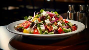 foto de griego ensalada como un plato en un gama alta restaurante. generativo ai