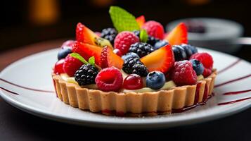 Photo of Fresh Fruit Tart as a dish in a high-end restaurant. Generative AI