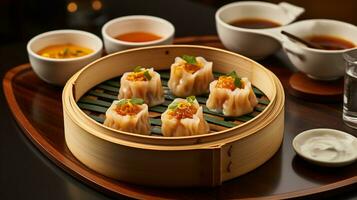 Photo of Dim Sum as a dish in a high-end restaurant. Generative AI