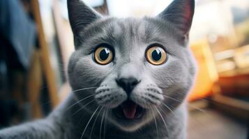 Close-up Photo of a funny shocked Chartreux sticking out his tongue. Generative AI