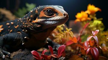 Close-up photo of a Gila Monster looking in their habitat. Generative AI