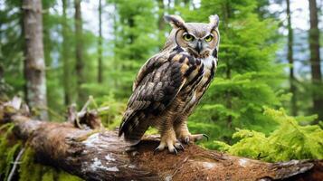 Photo of a Great Horned Owl standing on a fallen tree branch at morning. Generative AI