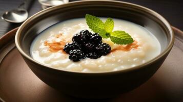 Photo of Rice Pudding as a dish in a high-end restaurant. Generative AI