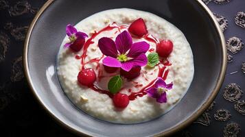 Photo of Rose Water Rice Pudding - Roz Bel Laban as a dish in a high-end restaurant. Generative AI