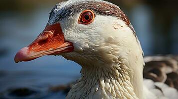 Close-up photo of a Muscovy Duck looking any direction. Generative AI
