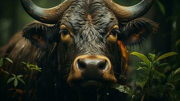 Close-up photo of a Water Buffalo looking any direction. Generative AI