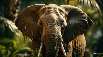 Close-up photo of a African Elephant looking any direction on jungle. Generative AI