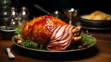 Photo of Honey Mustard Glazed Ham as a dish in a high-end restaurant. Generative AI