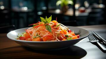 Photo of Papaya Salad as a dish in a high-end restaurant. Generative AI