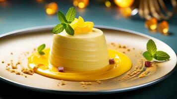 Photo of Mango Mousse as a dish in a high-end restaurant. Generative AI