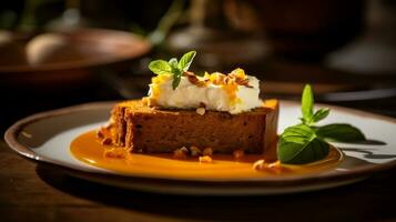 Photo of Pumpkin Bread as a dish in a high-end restaurant. Generative AI