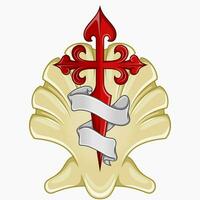 Vector design of christian symbology of the apostle santiago, Cross of the apostle Santiago with veneer and ribbon