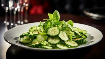 Photo of Cucumber Salad as a dish in a high-end restaurant. Generative AI