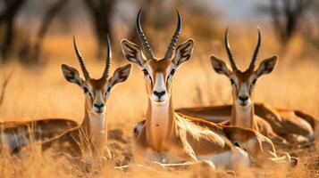 Photo of a herd of Gazelle resting in an open area on the Savanna. Generative AI