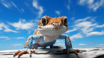 foto de un geco debajo azul cielo. generativo ai