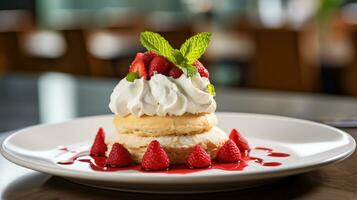 foto de fresa torta de frutas como un plato en un gama alta restaurante. generativo ai