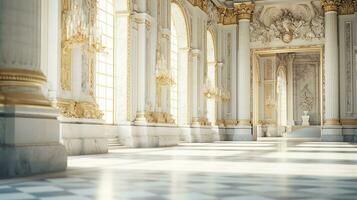 Photo of the room featuring the interior design of the Palace of Versaille, France. Generative AI