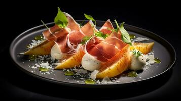 Photo of Melon and Prosciutto as a dish in a high-end restaurant. Generative AI