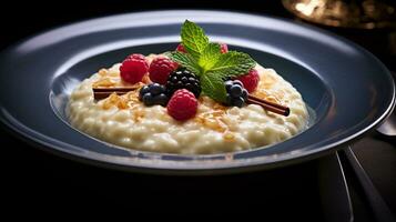 Photo of Rice Pudding as a dish in a high-end restaurant. Generative AI