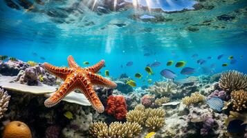 Photo of Starfish with various fish between healthy coral reefs in the blue ocean. Generative AI