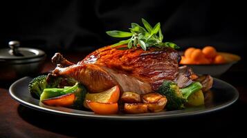 Photo of Roasted Duck as a dish in a high-end restaurant. Generative AI
