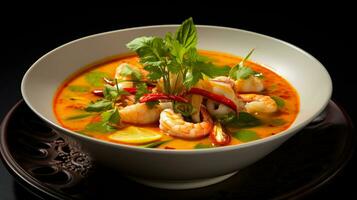 Photo of Tom Yum Soup as a dish in a high-end restaurant. Generative AI