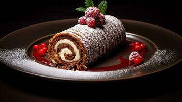 Photo of Buche de Noel as a dish in a high-end restaurant. Generative AI