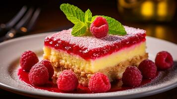 Photo of Raspberry Lemon Bars as a dish in a high-end restaurant. Generative AI