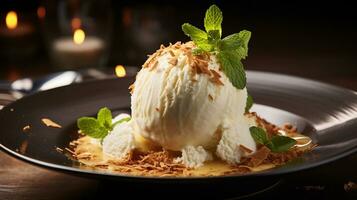 foto de Coco hielo crema como un plato en un gama alta restaurante. generativo ai