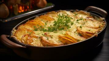 foto de patatas au gratén como un plato en un gama alta restaurante. generativo ai