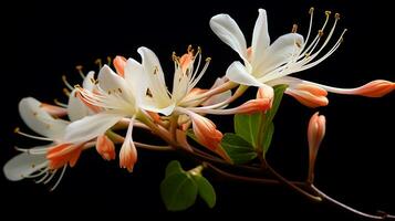 Photo of beautiful Honeysuckle flower isolated on white background. Generative AI