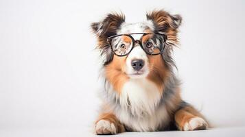 Photo of a Australian Shepherd dog using eyeglasses isolated on white background. Generative AI