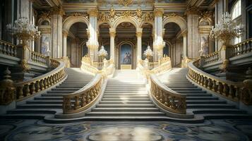 Photo of the room featuring the interior design of the Palace of Versaille, France. Generative AI