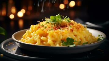 Photo of Gourmet Macaroni and Cheese as a dish in a high-end restaurant. Generative AI