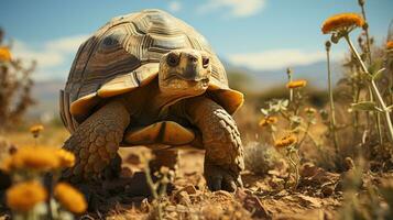 Close-up photo of a Desert Tortoise looking any direction in the Desert. Generative AI