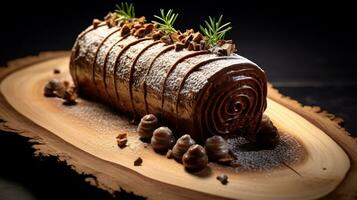 Photo of Yule Log Cake as a dish in a high-end restaurant. Generative AI