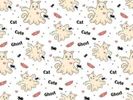 Seamless pattern Cute cat ghost with spider and hearts. Vector Background in cartoon style.