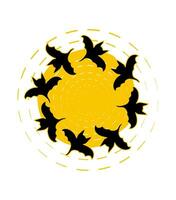 Vector moon and bats in circle. Halloween element doodle icon. Nocturnal animals fly around the moon