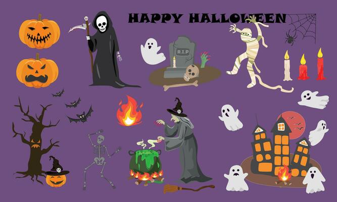 Happy Halloween vector set. Halloween element clip art, pumpkin, grim reaper, death, mummy, zombie hand, ghost, haunted house, bat, witch, spooky tree, potion cauldron, gravestone, candle. Flat vector