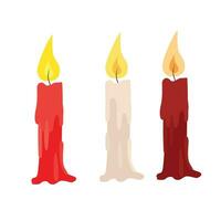 Wax candles with flame in different  stages of burn. Buring wax candles illustration. Paraffin candle with fire and wax drips. Flat vector in cartoon style isolated on white background.